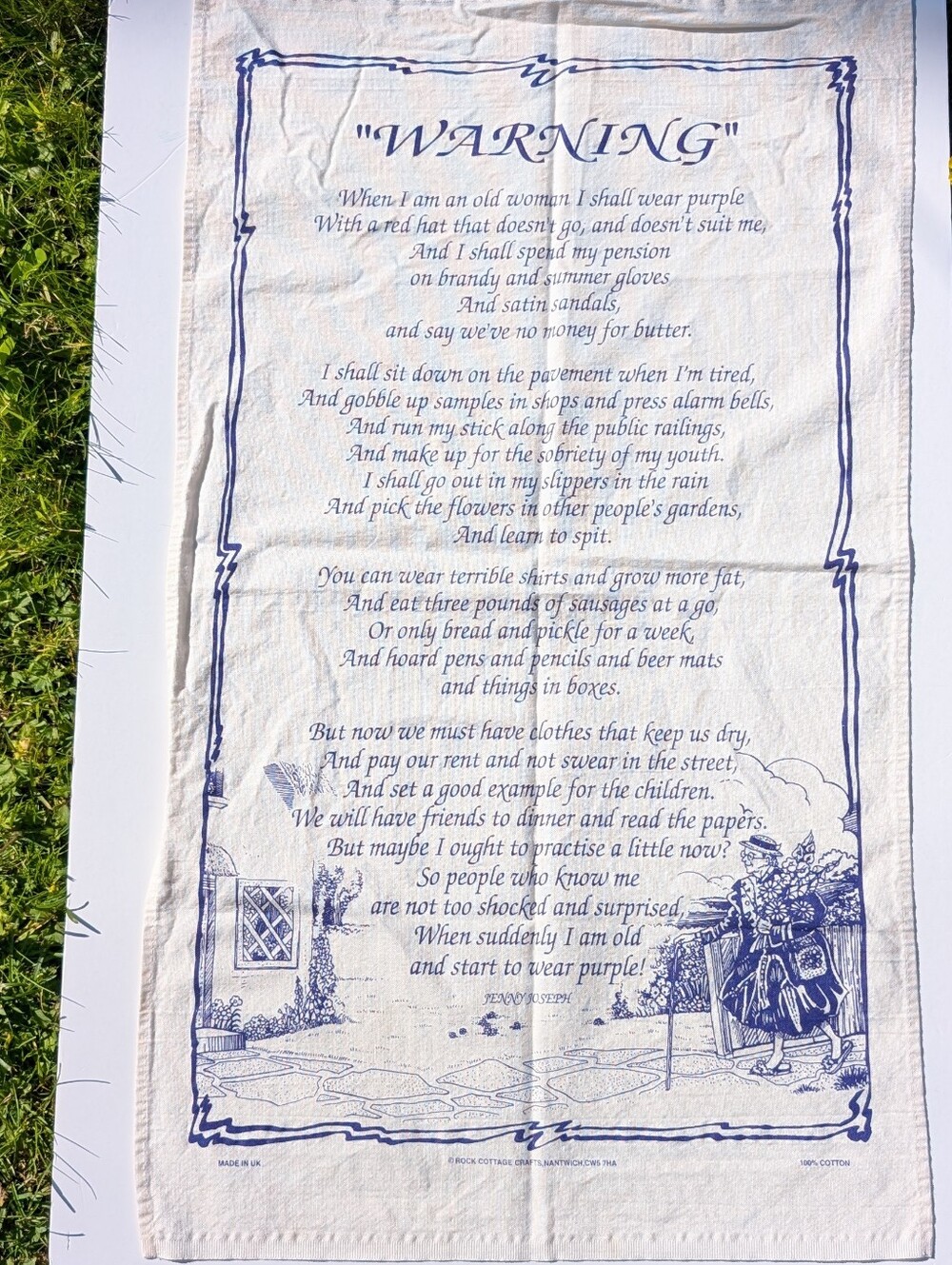 3/$20 vintage novelty tea towel printed with the famous poem "Warning"